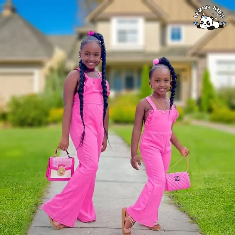 LEZONKIDS - New fashion Solid color drawstring pleated micro flare jumpsuit girls clothes set in summer
